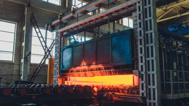 A large industrial furnace with a bright orange glow processes metal in a factory setting with high ceilings and large windows.