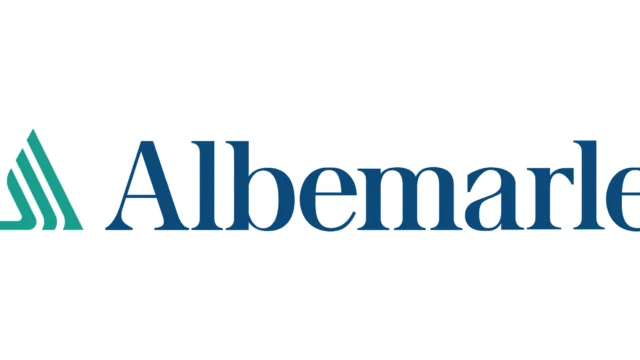 Albemarle logo featuring a stylized green triangular emblem on the left and the company name in blue text on the right.