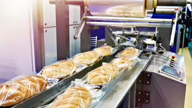 A bread packaging machine wrapping loaves in plastic on an assembly line in a factory setting.