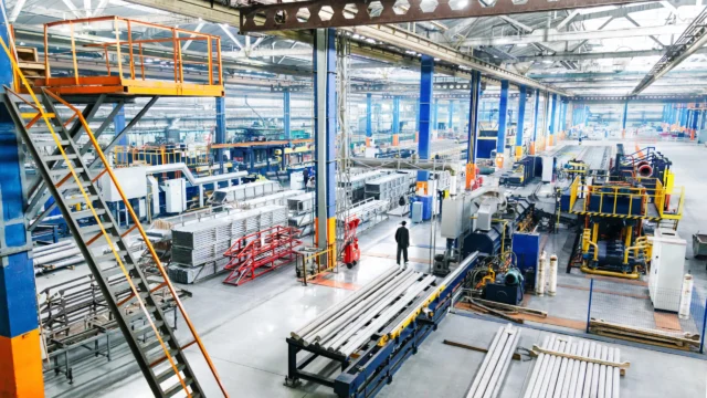 Interior of a large, modern factory with machinery, metal beams, and a worker. High ceiling with skylights and orange railings.