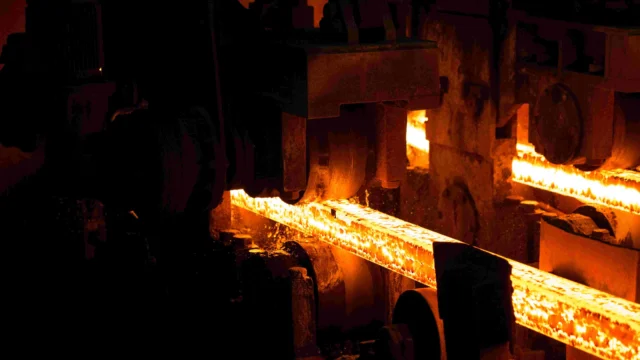 Steel slab being rolled on the Hot strip mill