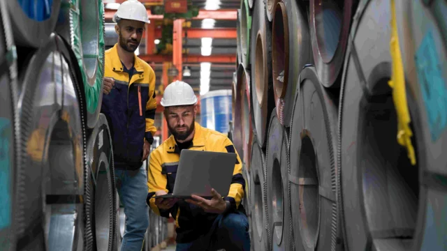 Team of male factory worker using laptop computer inspecting quality rolls of galvanized or metal sheet in in aluminum material warehouse