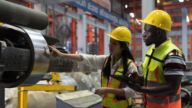 Two factory workers wearing safety hats and vests inspect machinery in an industrial setting; one points at equipment while the other takes notes on a clipboard.