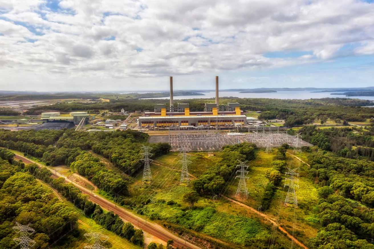 Aerial view of a large power plant with two tall chimneys, surrounded by trees, power lines, and a body of water in the background under a partly cloudy sky.