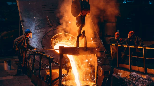 Industrial scene with workers in protective gear overseeing molten metal being poured from a large container in a foundry, with bright orange light and steam.