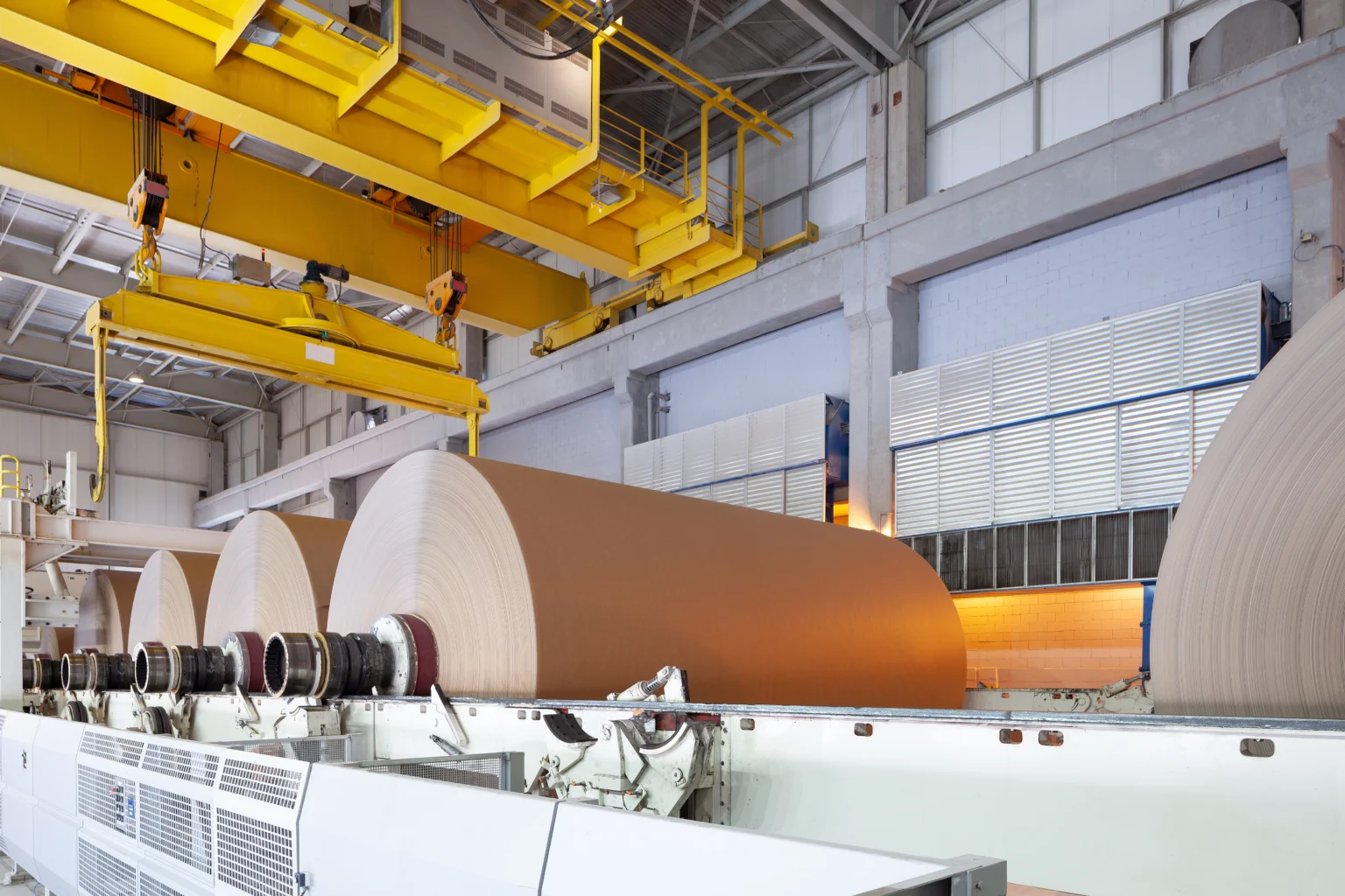 Large rolls of paper on a conveyor system inside an industrial paper manufacturing facility with overhead cranes.
