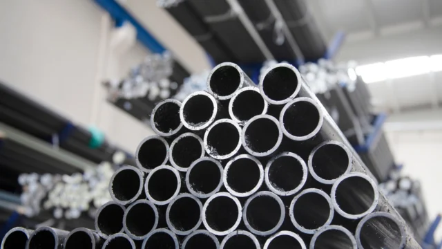 Stacks of metal pipes are arranged in a warehouse, viewed from the end showing their circular openings.