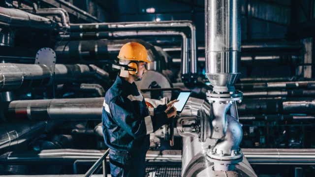 Person wearing a hard hat and protective gear inspects industrial piping with a tablet inside a large facility or factory.