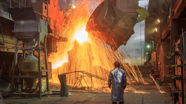 A worker in protective clothing stands near molten metal being poured from a large container, with sparks flying inside an industrial steel foundry.