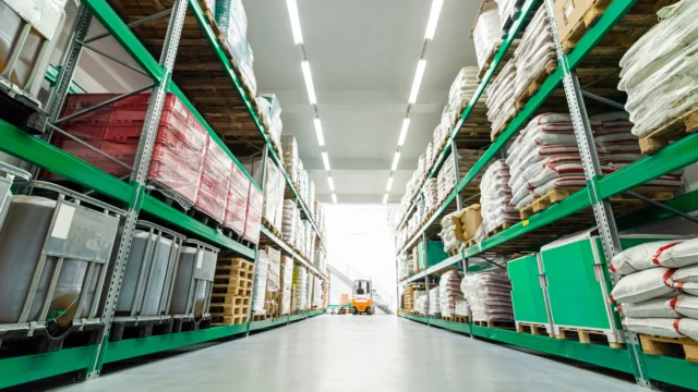Warehouse interior with tall shelves storing various goods and materials, and a forklift visible at the end of the aisle under bright lighting.