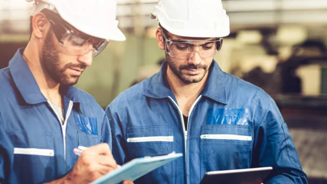 Two workers in blue uniforms and white hard hats examine a clipboard and tablet in an industrial setting.