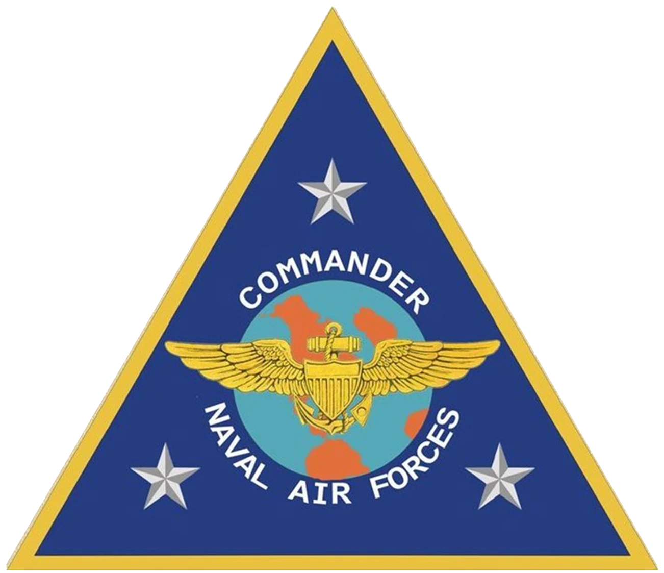 A triangular emblem with a blue border, three silver stars, an eagle and anchor insignia, and the words "Commander Naval Air Forces" over a globe.