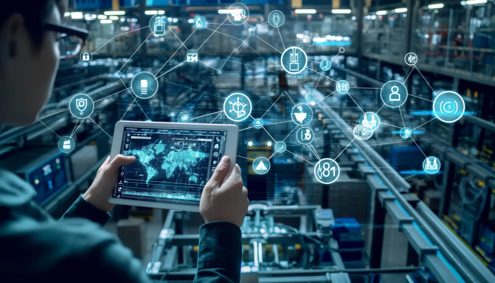 Person holding a tablet in a factory setting, viewing a digital interface with various connected icons representing technology and industrial concepts.