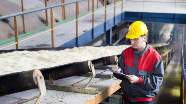 Worker in a red and gray uniform and yellow hard hat inspects a clipboard next to a conveyor belt transporting material in an industrial setting.