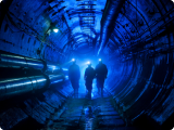 Three people with helmets equipped with lights walk through a dimly lit underground tunnel with visible pipes and blue illumination.