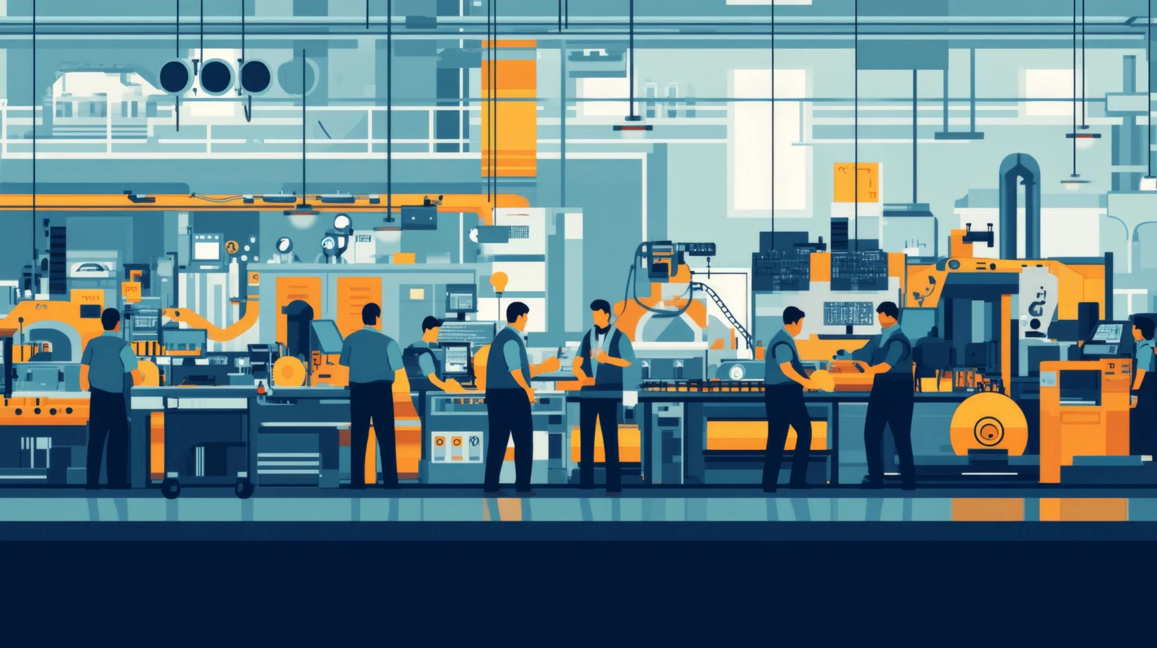 Workers in a factory operate machinery. The scene is illustrated with various equipment and figures in blue and orange tones, depicting an industrial setting.