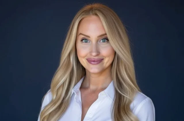 A woman with long blonde hair wearing a white button-up shirt stands in front of a dark blue background, smiling at the camera.