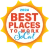 2024 Best Places to Work SoCal" logo with sunburst design, featuring bold red and blue text on a white circular background.
