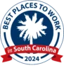 Logo featuring a palmetto tree, surrounded by the text: "Best Places to Work in South Carolina 2024," with a red ribbon.