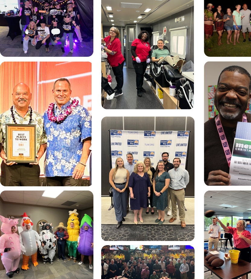 Collage of diverse group activities including awards, group portraits, costumed individuals, and a blood donation, showcasing community and engagement in various settings.
