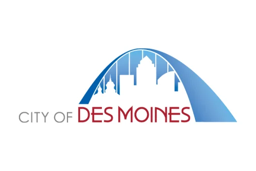 City of Des Moines logo with a blue bridge silhouette and red text.