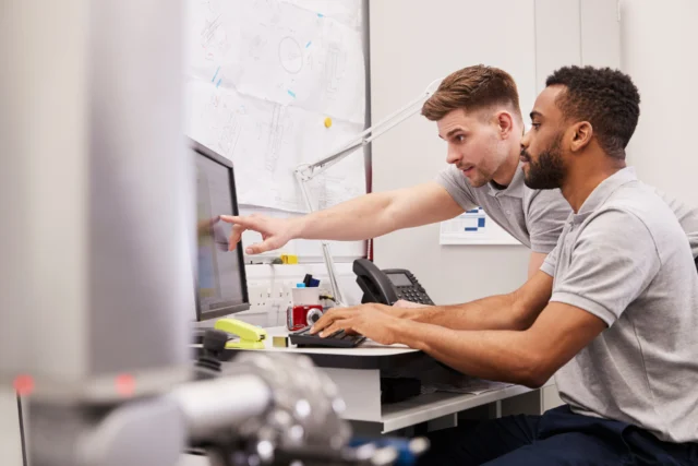 Two men in gray shirts work together at a computer desk. One points at the screen, while the other types. A mechanical object is visible in the foreground.