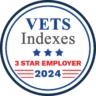 VETS Indexes 3 Star Employer 2024 logo with three blue stars above red text.