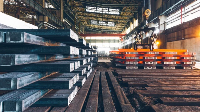 Stacks of metal beams in an industrial warehouse, with some beams heated and glowing orange, under overhead cranes and high ceilings.