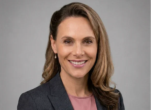 Woman with long brown hair wearing a dark blazer and pink blouse, smiling in front of a plain gray background.