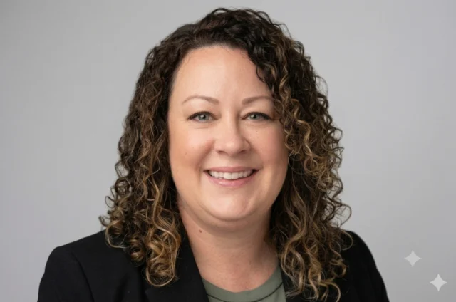A woman with curly brown hair wearing a black blazer and green top smiles at the camera against a plain light background.