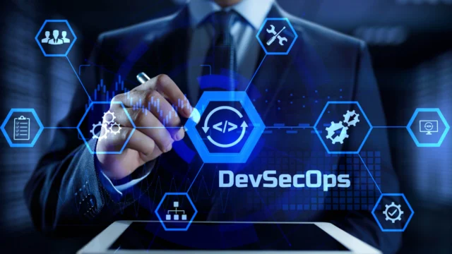Businessperson interacting with a digital interface featuring DevSecOps icons, symbolizing integration of development, security, and operations practices.
