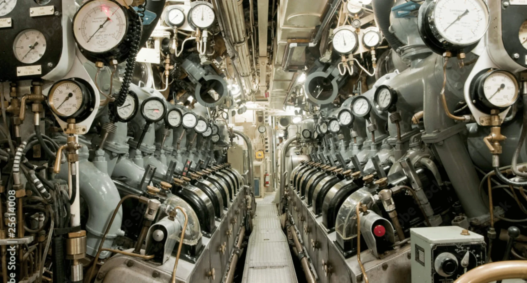 Interior of a submarine engine room featuring numerous gauges, pipes, and machinery on both sides of a narrow walkway.
