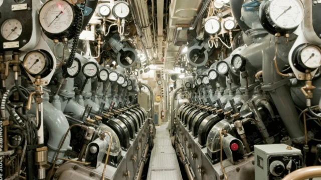 Interior of a submarine engine room featuring numerous gauges, pipes, and machinery on both sides of a narrow walkway.