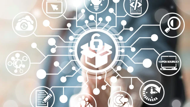 A network of technology-related icons, including cloud, lightbulb, and open source, radiates from a central icon of a box with a padlock.