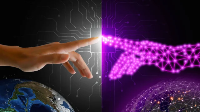 A human hand reaches towards a digital hand made of purple circuit-like lines, with Earth and digital nodes visible below, symbolizing the intersection of technology and humanity.