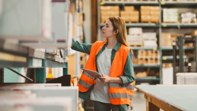 A woman in an orange safety vest is checking inventory on high shelves in a warehouse while holding a tablet.