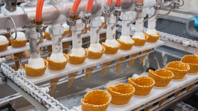 A row of ice cream cones being filled with soft serve by a machine on a production line in a factory setting.