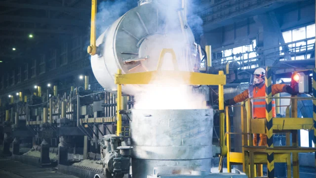 Worker in a foundry pouring molten metal from a large vat into a mold, wearing protective gear.