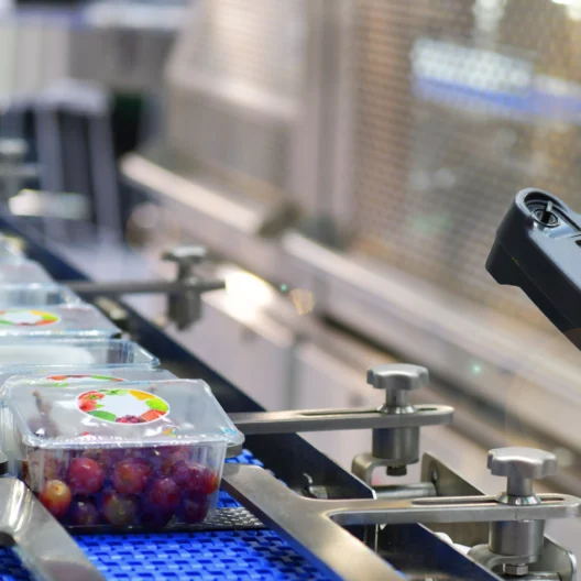 A person operates a control device while monitoring a production line with sealed food containers on a conveyor belt.