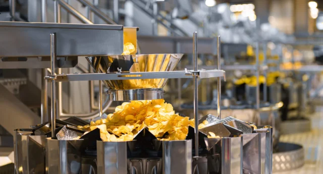 A stainless steel machine dispenses potato chips into a large metal container on an assembly line in a factory setting.