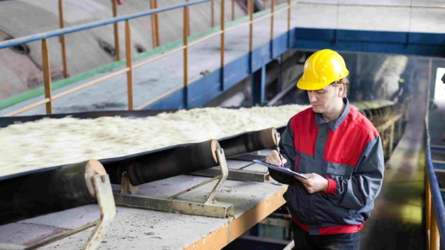 Worker in a hard hat inspects a conveyor belt carrying raw material in an industrial facility, making notes on a clipboard.