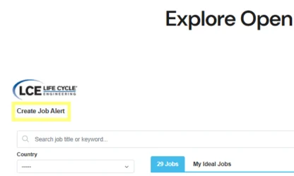 Screenshot of a job search webpage with the Life Cycle Engineering logo and a highlighted "Create Job Alert" button on the left.
