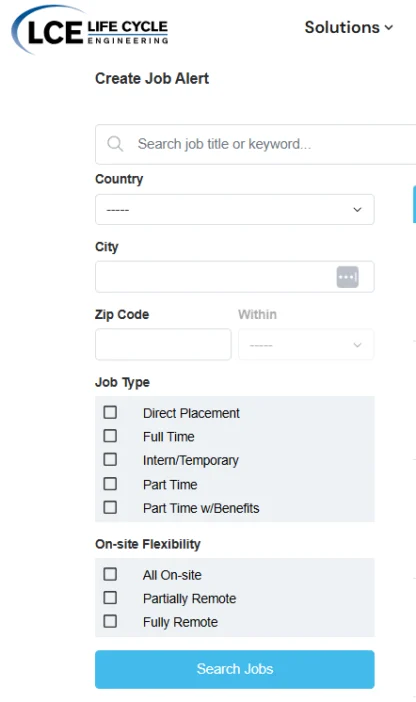 Job search form with fields for country, city, zip code, job type, and on-site flexibility options, and a blue "Search Jobs" button at the bottom.