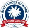 Circular badge reading "Best Places to Work in South Carolina 2025" with a white palmetto tree graphic and a red ribbon, issued by SC Biz News.