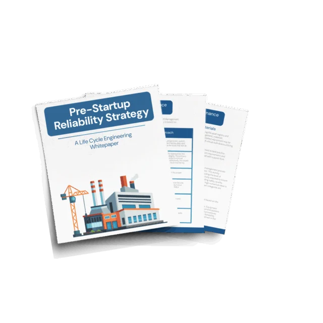 Four pages of a document titled "Pre-Startup Reliability Strategy" with an illustration of a factory and crane on the cover, spread out to show interior content.