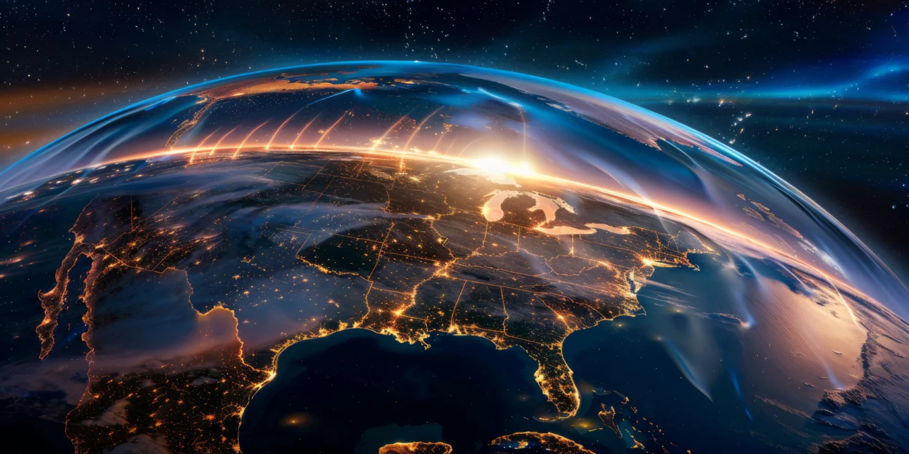 Sunrise over North America viewed from space, with city lights illuminated and Earth's curvature visible against a starry background.