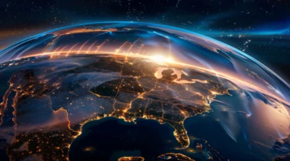 Sunrise over North America viewed from space, with city lights illuminated and Earth's curvature visible against a starry background.