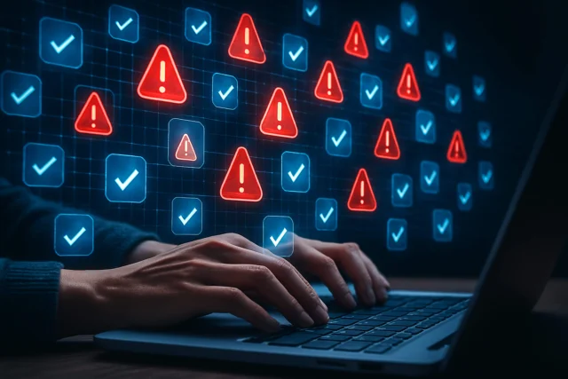 Person typing on a laptop with a screen displaying red warning symbols and blue check marks, suggesting cybersecurity alerts or system notifications.