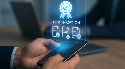 A person holds a smartphone displaying a holographic image with a certification badge and check-marked documents, with laptops in the background.