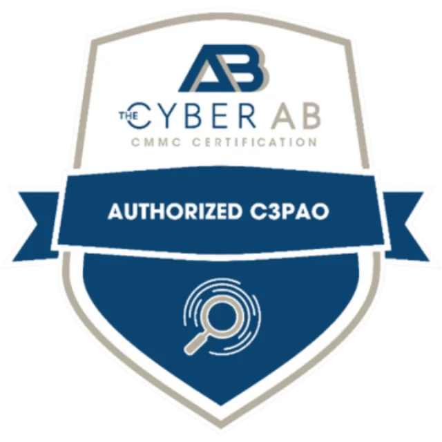 A badge displaying "The Cyber AB CMMC Certification" with "Authorized C3PAO" in a blue banner and a magnifying glass icon at the bottom.